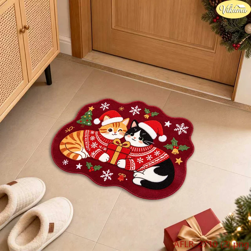 VIKAMA Grey Cat Sweater Christmas Irregular Shape Rug Bath Mat Non Slip Washable Soft Floor Carpet Decorations Home Cozy