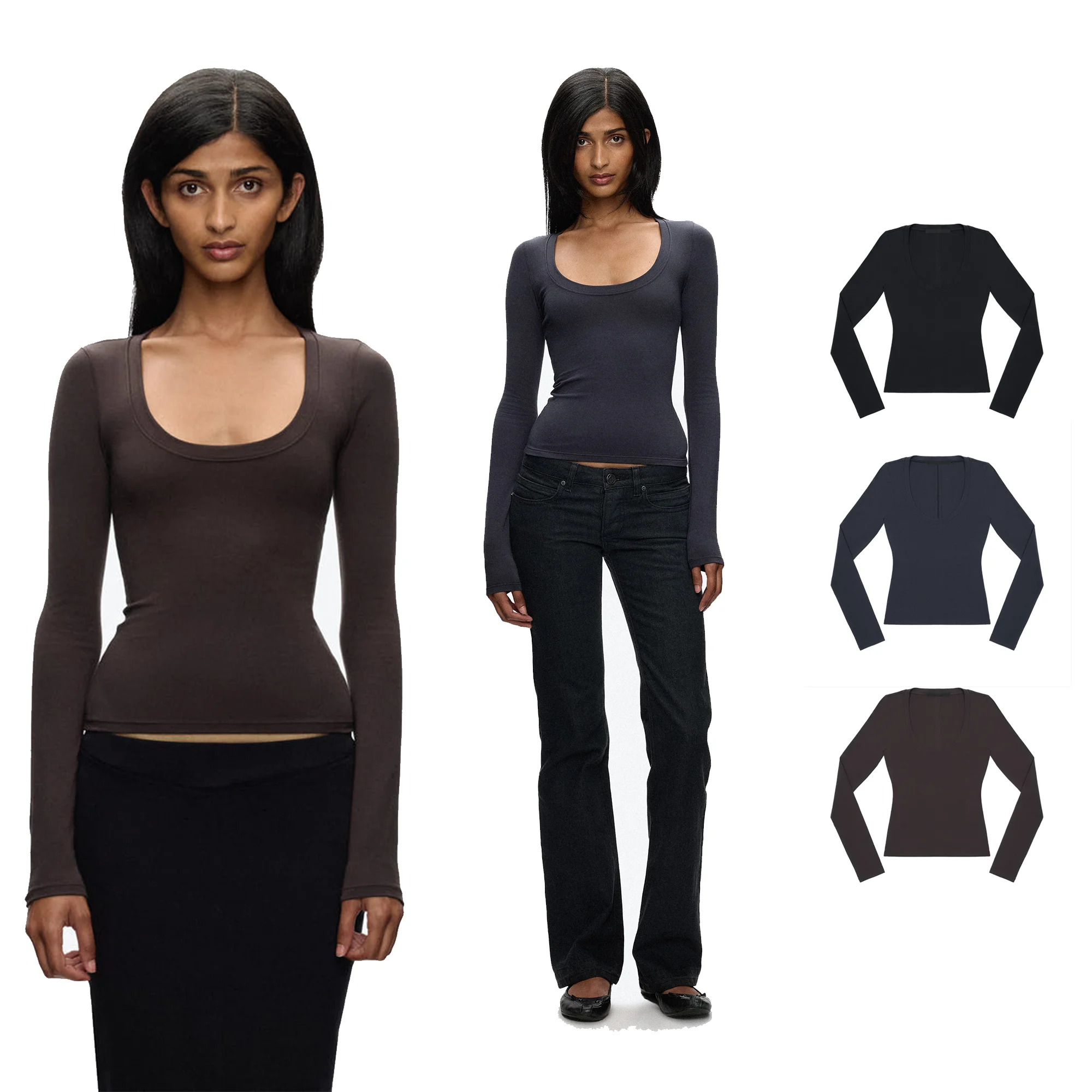 Tank Top with Regular Shoulders, Large Round Neck, Long Sleeves, Tight-Fitting Stretchy Base Shirt, Waist-Cinching Basic Solid Color Base Shirt, Sexy Inner Wear Top, Slim-Fit Solid Color Base T-Shirt with Low Neckline