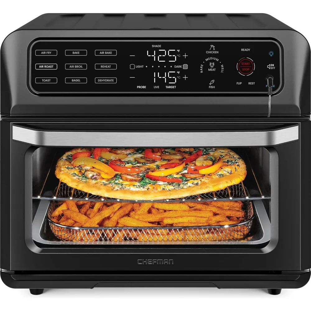 Air Fryer Toaster Oven Combo with Probe Thermometer, 12-In-1 Stainless Black Convection Oven Countertop, 10 Inch Pizza，Black