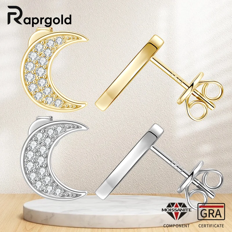 

RAPRGOLD Full Round Cut Moissanite Mini Crescent Piercing Stud Earrings for Women S925 Sterling Silver Girls Fine Jewelry Gifts