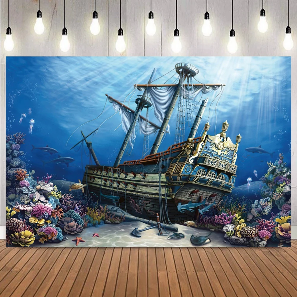 Cartoon Underwater Adventure Themed Backdrop Marine Life Sunken Ship Baby Shower Birthday Party Photo Background Studio Props