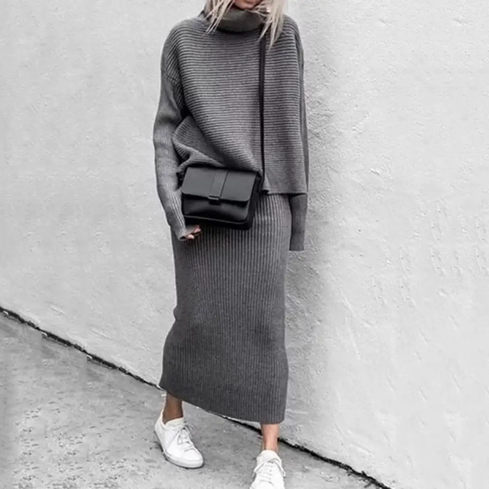 Women Sweater Skirt  Two Pieces Set Loose High Collar Casual Autumn Knitted Blouse Skirt Suit Pullover Sweaters свитер женский