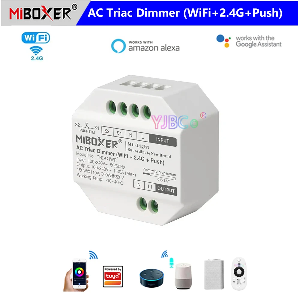 Miboxer Tuya  WiFi+2.4G AC Triac Dimmer Brightness TRI-C1WR Push Switch AC 110V 220V for Bulb Light Lamp 2.4G Remote APP Control