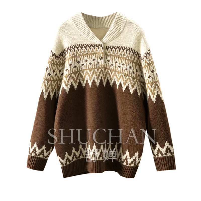 English Warm Luxury Contrasting Color Jacquard 100 Cashmere Stand-up Neck Sweater Women Pullover Thick Sweater Women