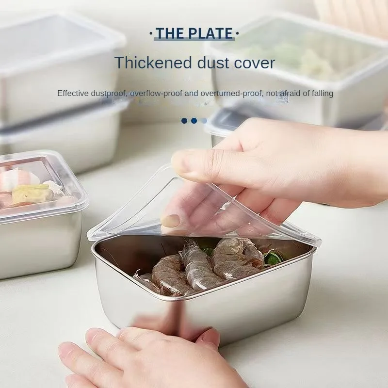 Thickened Square Plate Stainless Steel Rectangular Food Storage Pan With Lid Commercial Dish Tray Freshing Lunch Box Container