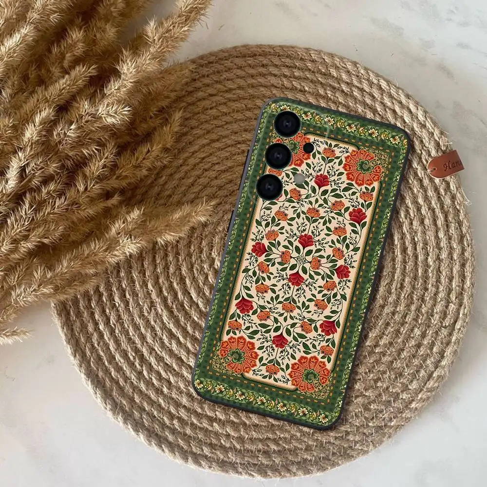 Perzisch tapijt bloemenpatroon telefoonhoesje voor Samsung S25, S24, S21, S22, S23, S30, Ultra, S20, Plus, Fe, Lite, Note, 10,9,5G zwarte cover