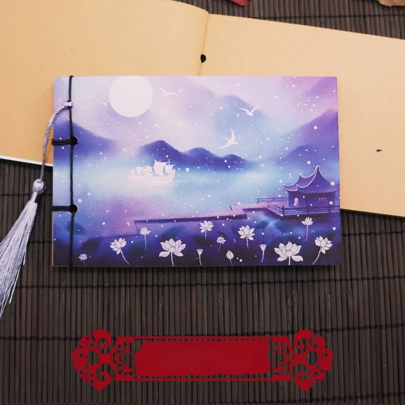 1PC Notebook Portable Retro Chinese Style With Tassel Artistic conception olandscape painting gift for friend