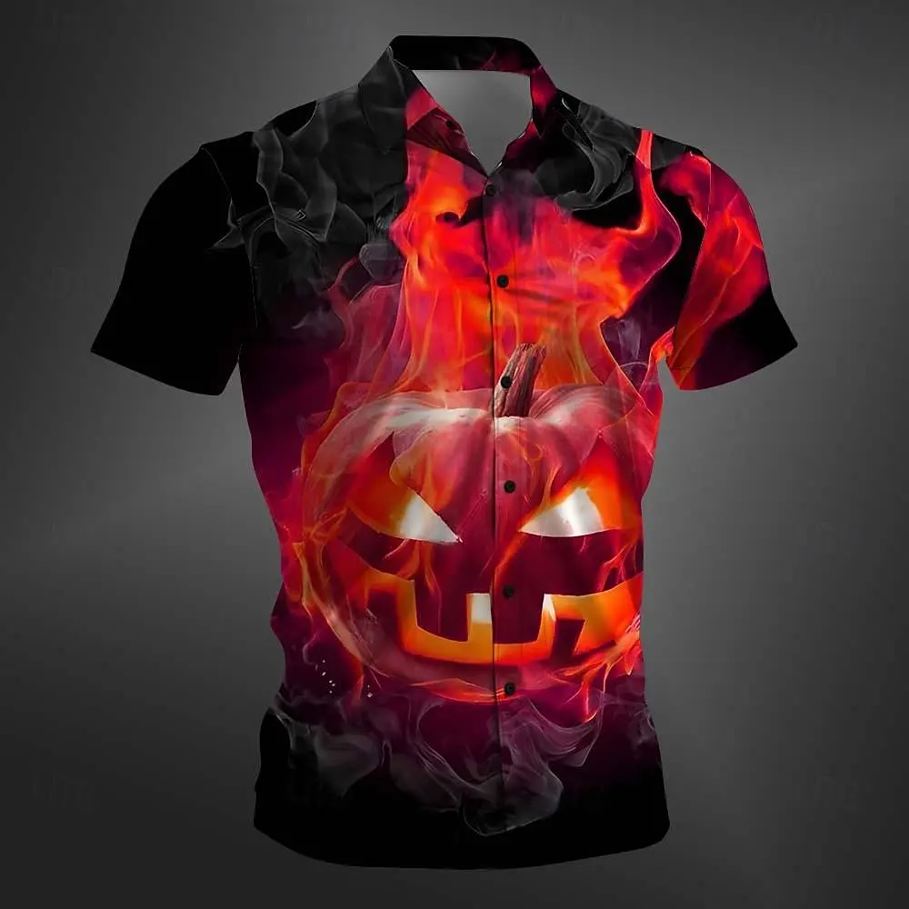 Camisa de Halloween para hombres, camisa de manga corta con estampado de cabeza de calabaza de terror, ropa informal para vacaciones, camisas hawaianas de gran tamaño