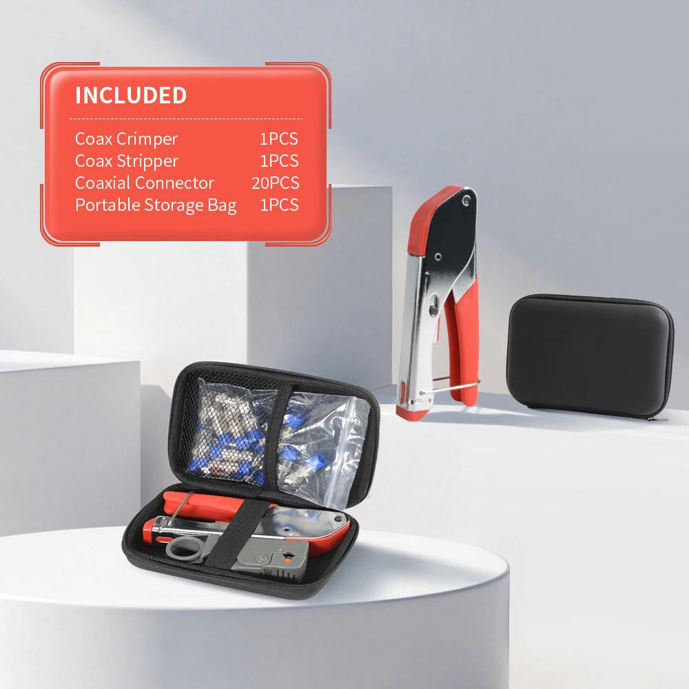 Koaxialkabel-Crimper-Set – verstellbare Kompressionszange für RG6/59 – inklusive Koaxialkabel-Abisolierer und 20 Stück F-Steckern – Detail 1