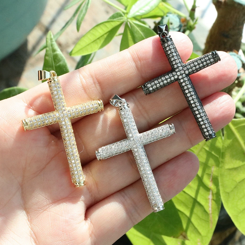 

2Pcs-41*30mm Fashion Plated Gold Zircon Cross Necklace Charm Pendants For DIY Jewelry Making Classic Accessories
