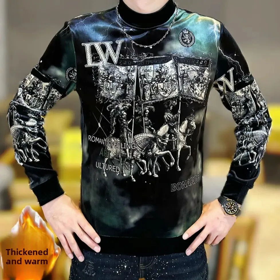 

High Quali Men's Retro Sle Letter Print round Ne Long Sve Hoodie Comfortable Fit Thiened Autumn Winter Sweatirt
