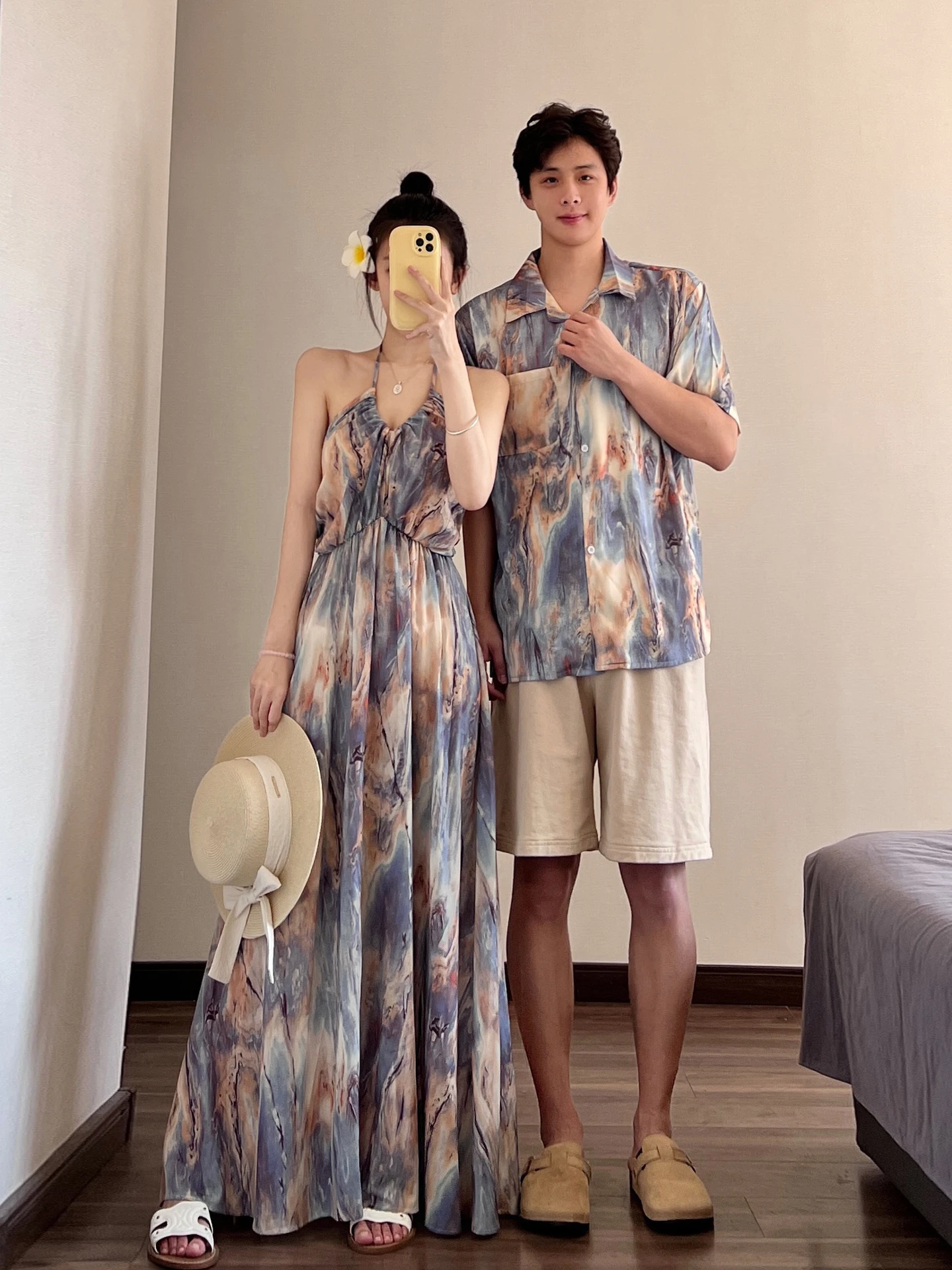 

Beach Vacation Couple Matching Short Sleeve Shirt with Hanging Neck Strap Long Dress Summer Loose Fit French Style Shirt