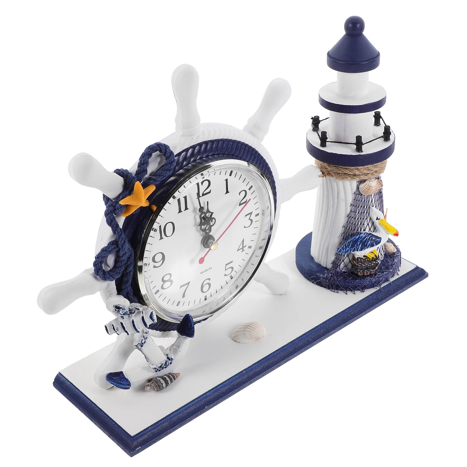 

Mediterranean Lighthouse Clock Ocean Style Wall Desktop Household Decorations Bamboo Nautical Home Beach Ornament 12X8Cm Blue
