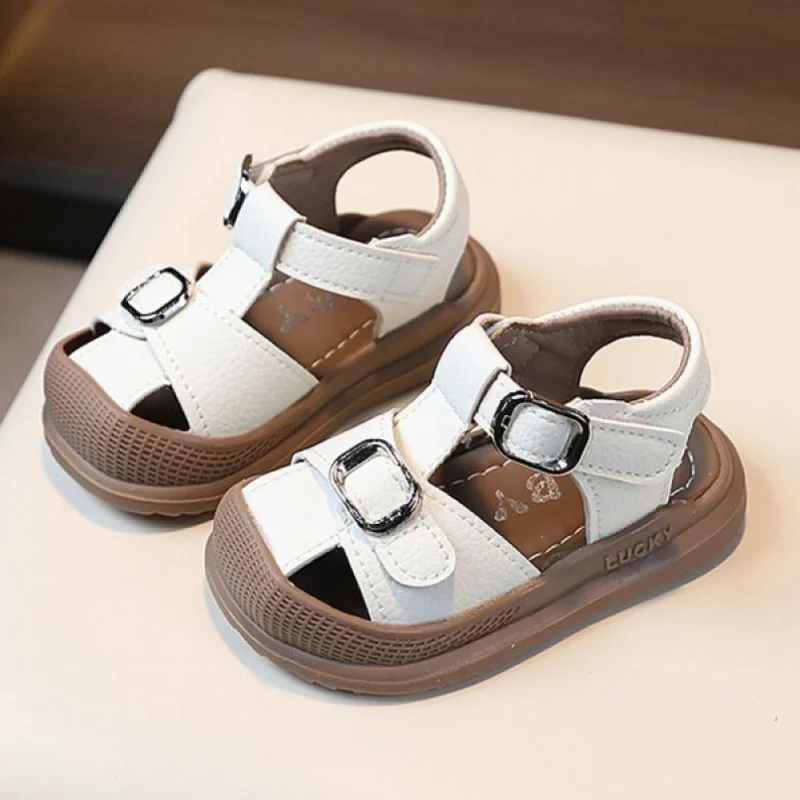

PU Leather Summer Sandals For Children Toe Protection Boy's Girl's Sport Sandals Solid Color Ergonomics Kid's Running Footwear