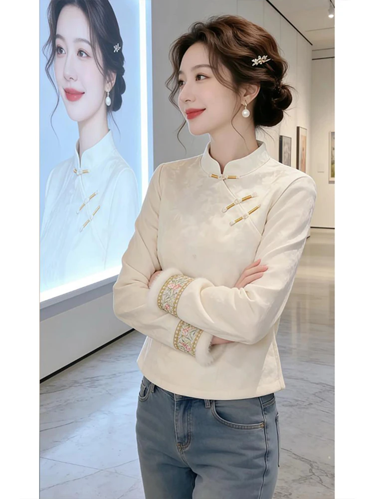 

New Chinese Style Women's Fleece Lined Shirt with Embroidery And Button Detail Autumn Winter New Arrival Floral Print Patchwork