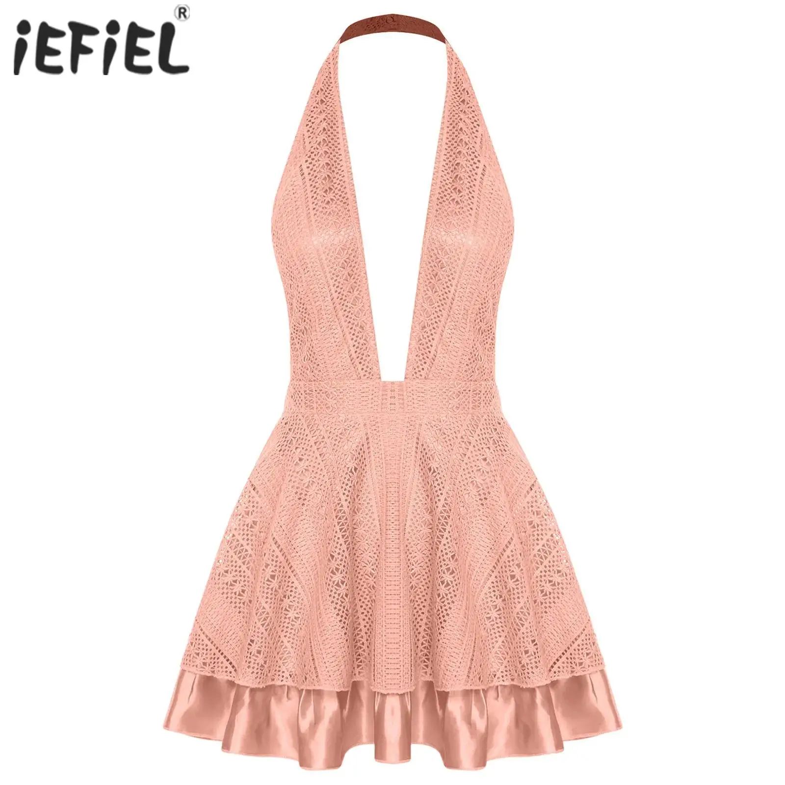 

Womens Sexy Ruffle Bodycon Dress for Beach Party Ladies Halter High Waist Deep V Neck Open Back Cocktail Mini Dress Clubwear