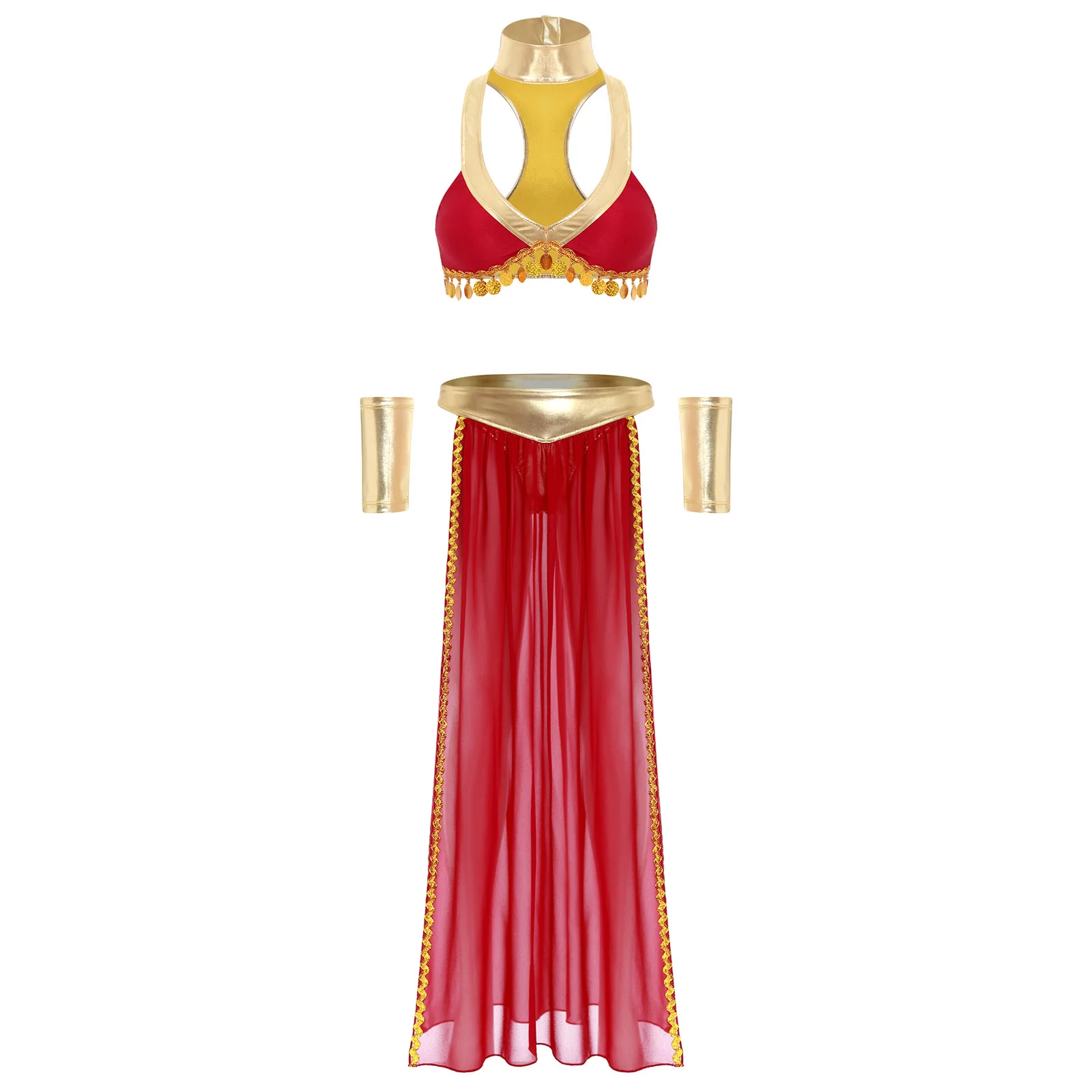 

Women Halloween Role Play 4-piece Set Ancient Egyptian Queen Cosplay Outfits Crop Top Collar Sleeves And Side Slit Chiffon Skirt