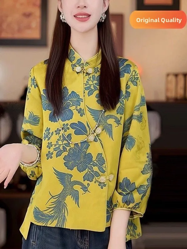 

Elegant Chinese Style Printed Stand Collar Women's Shirt Button Placket Asymmetrical Neck Design Long Sleeve Casual Top