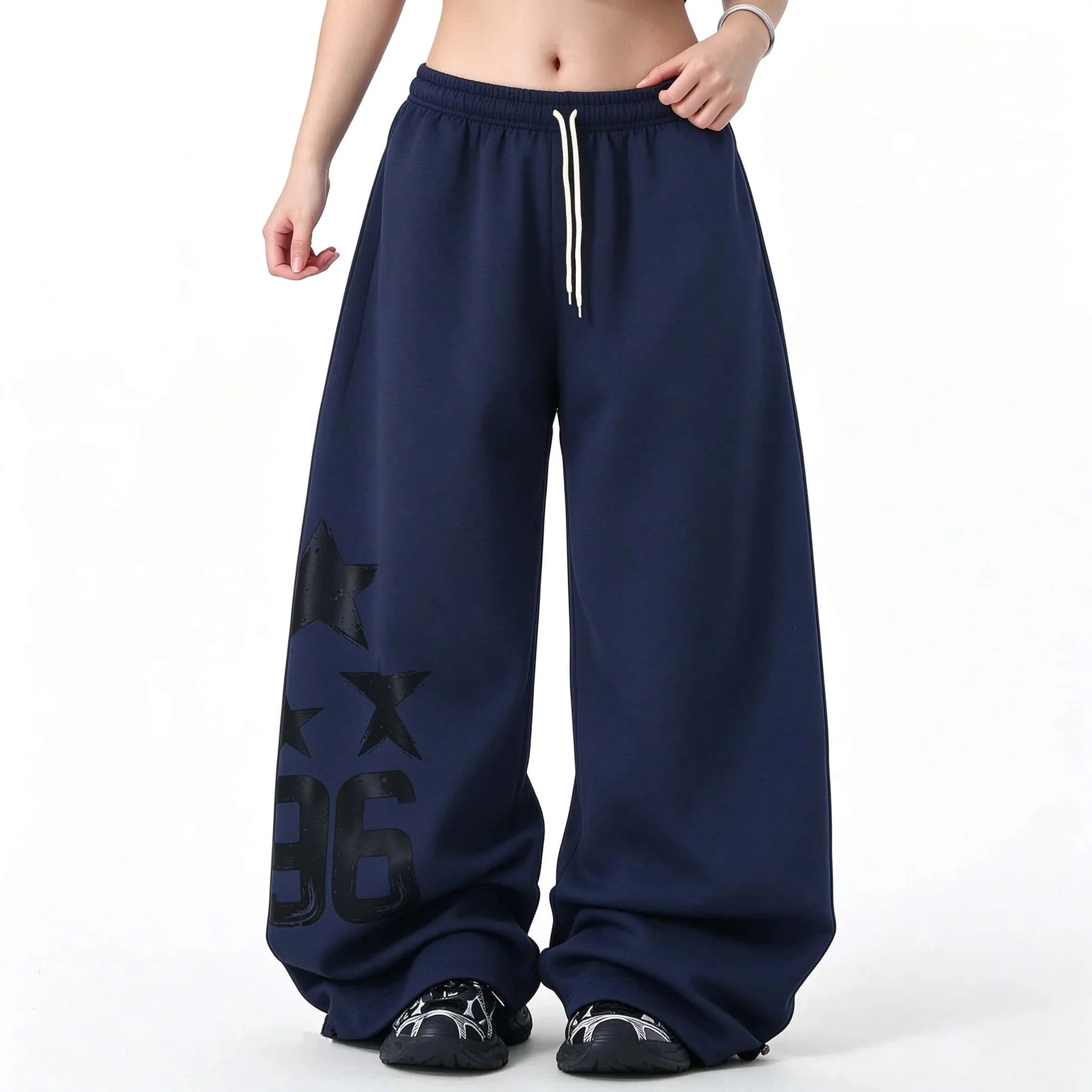 Unisex Straight‑Leg Pants 3D Vintage Star Number Print Quick Dry Trousers Elastic Waist White Drawstring Y2K Sport Long Pants