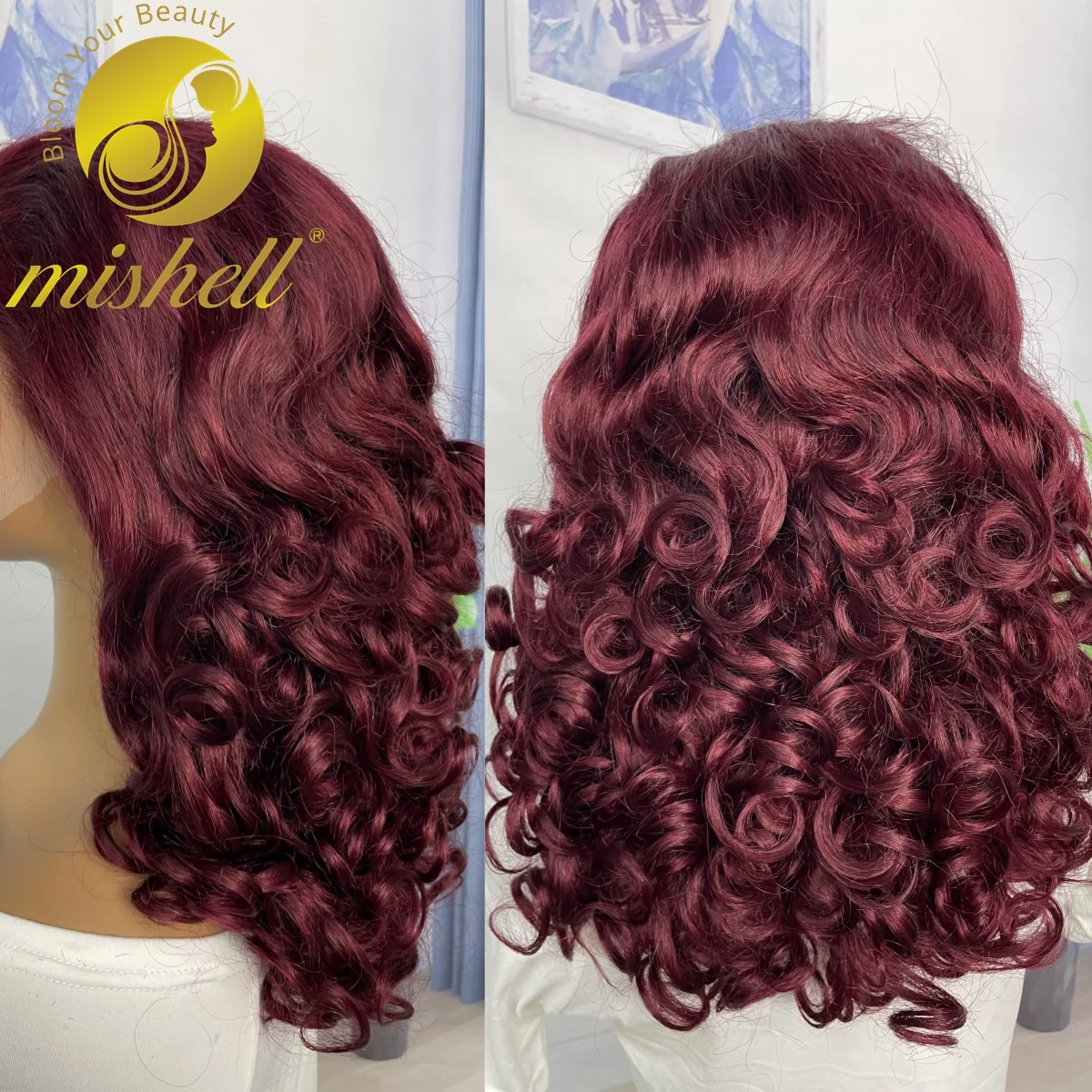 16Inch 13X4 Full Lace Frontale Lente Bouncy Krullend Mensenhaar Pruiken 250% Dichtheid Bordeauxrood 99j Korte Losse Golf Bob Pruik Pretokkeld