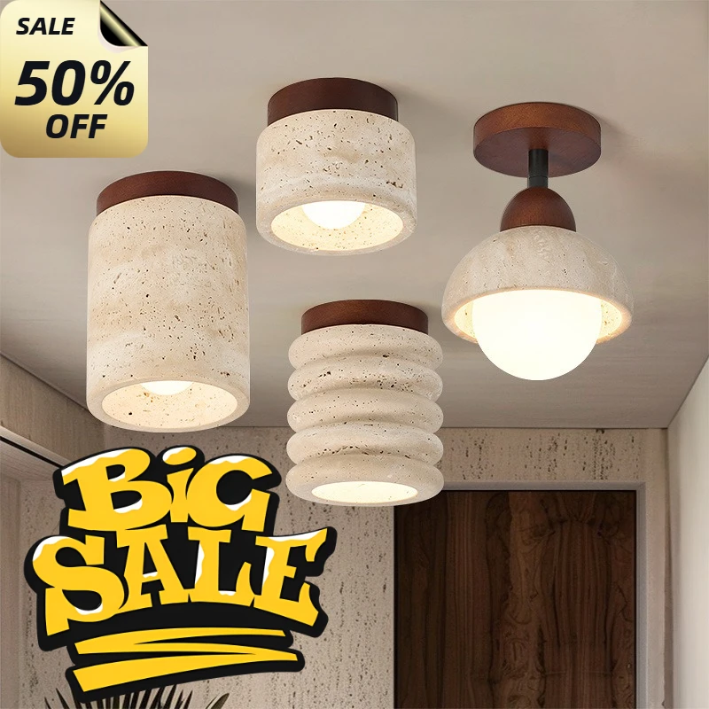 

Yellow Cave Stone Travertine Ceiling Lamp for Bedroom Corridor Foyer Hallway Staircase Walnut Wood Ceiling Indoor Lighting