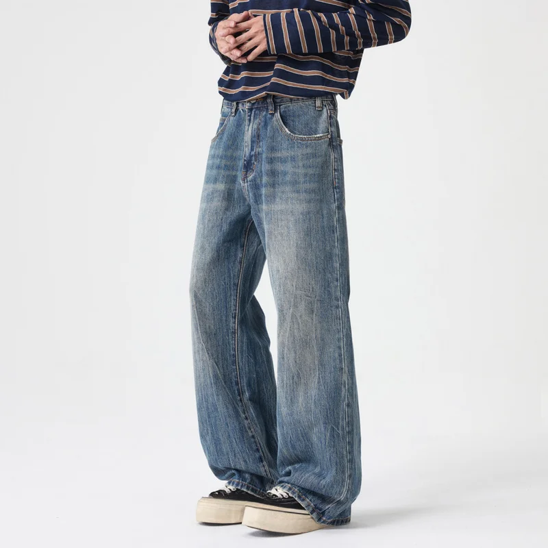 QICHE Men American Vintage Washed Whiskering Denim Jeans Minimalist Clean‑Fit Tie‑Pattern Micro Flare Long Trousers