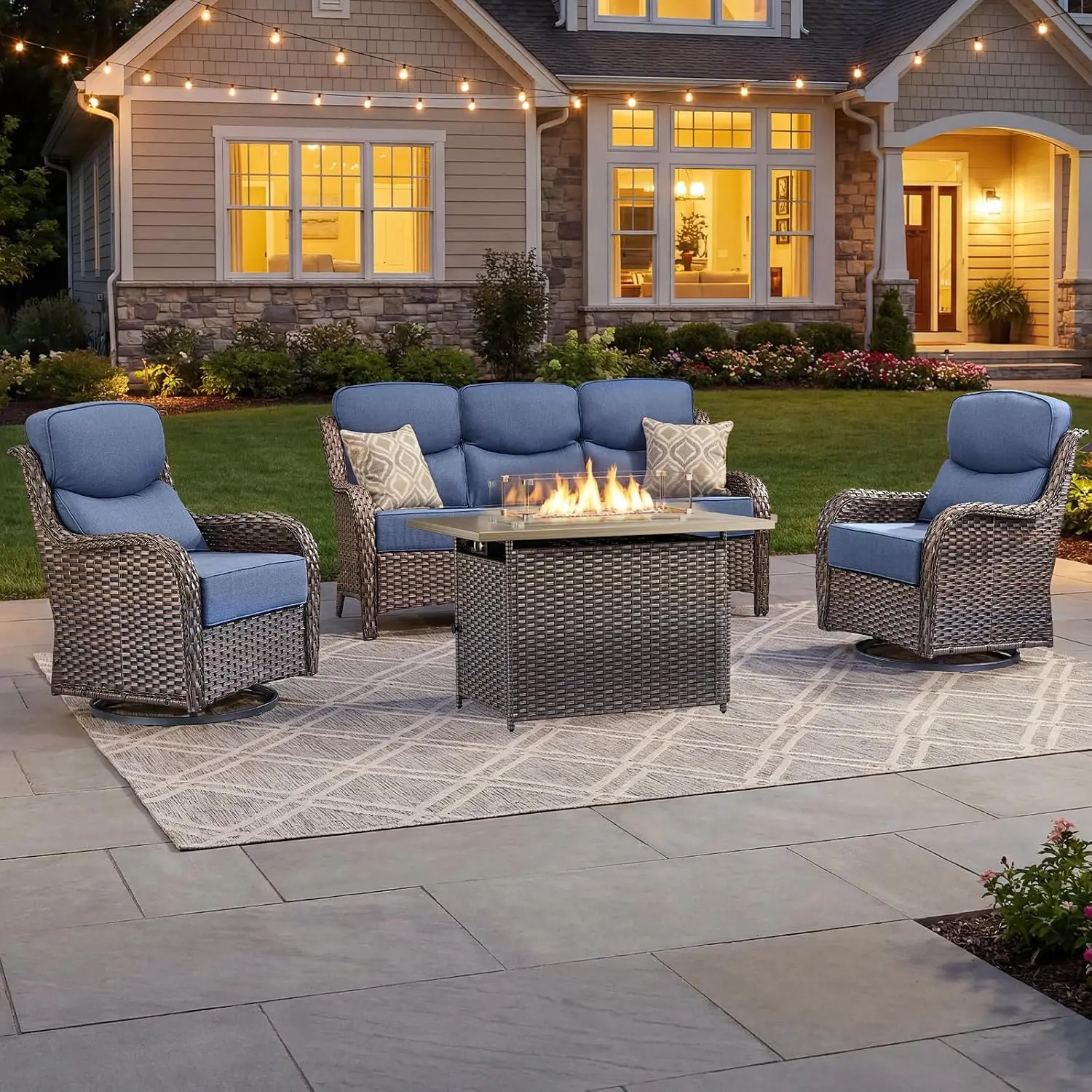Thick Cushion Wicker Patio Set with Fire Pit Swivel Chairs Sofa 4pcs Outdoor Conversation Set for Deck Yard Poolside, Customized