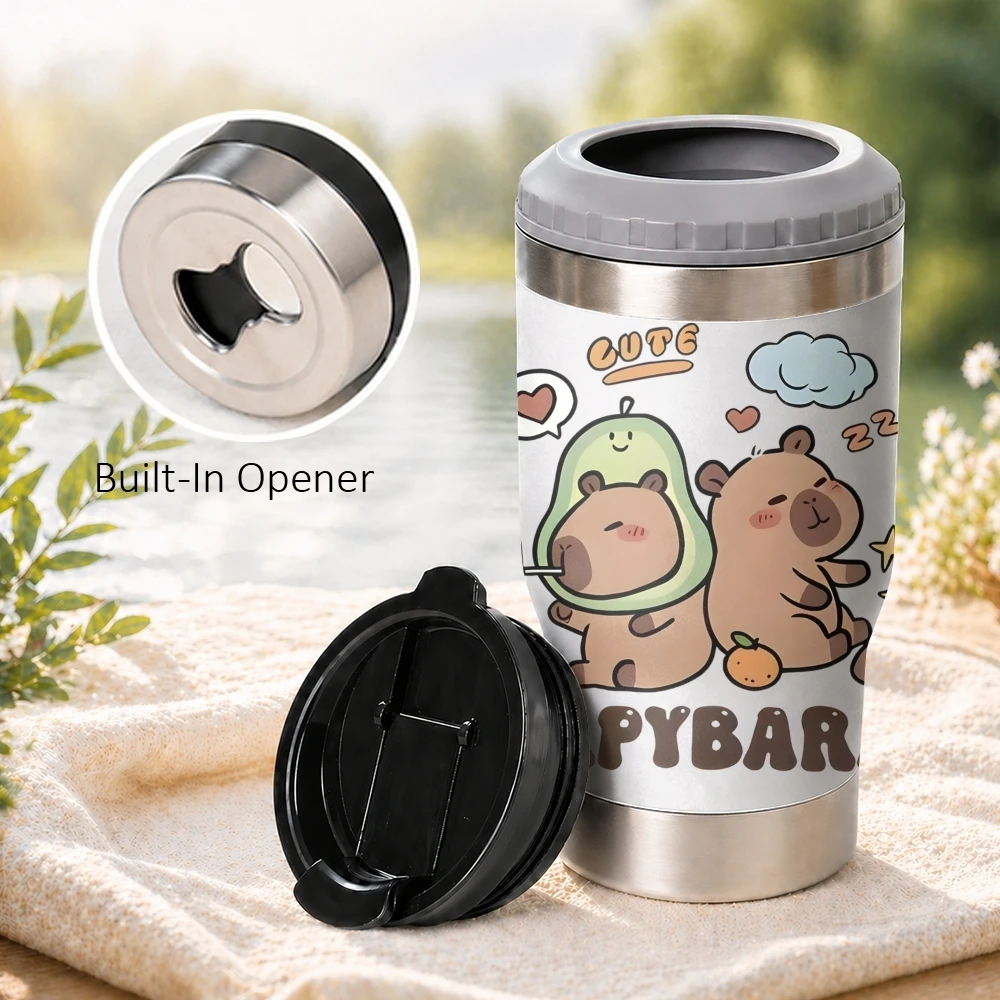 Cartoon Cute Capybara Vacuum Flasks 4-in-1 Versatile Cooler: One Cup, Total Freedom from Brews to Beer
