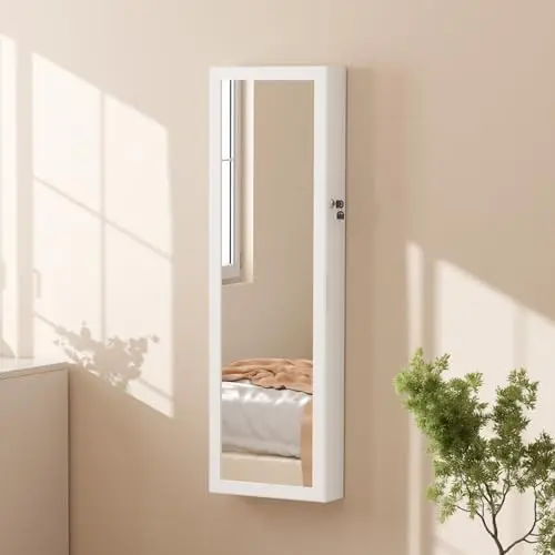 47.2-inch Jewelry Armoire with LED Lights, Full-Length Mirror, Lockable Storage for Wall or Door Mounting