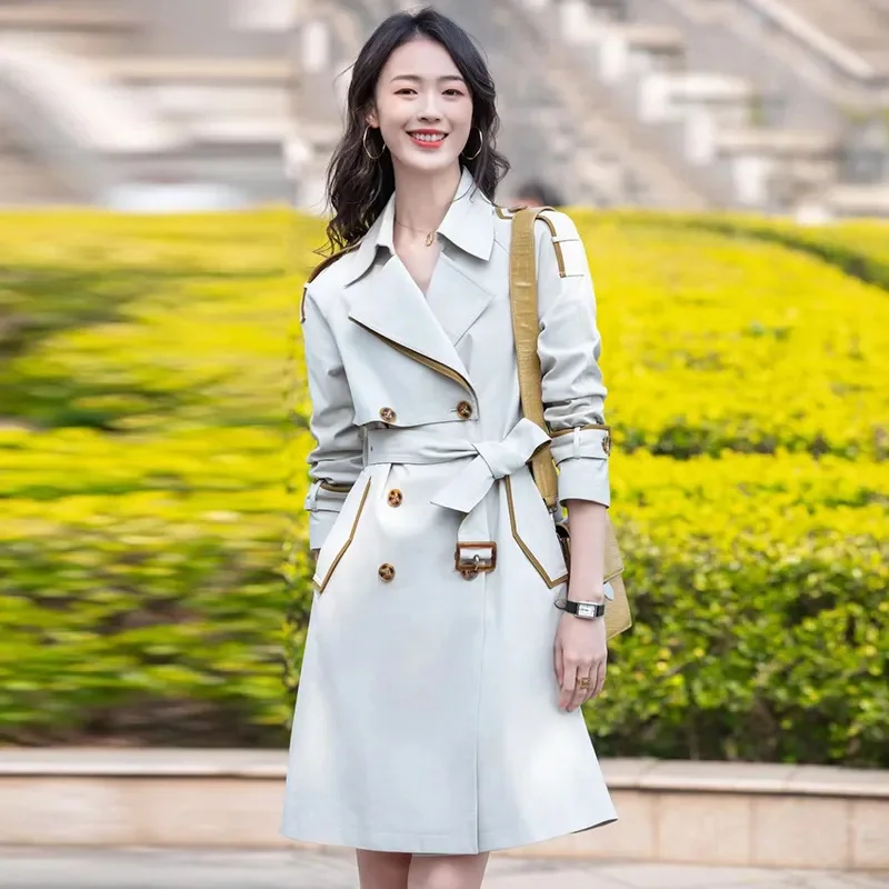 

Spring Autumn Trench Coat Woman Korean Double Breasted Mid-Long Women Trench Coat Overcoat Windbreaker Female Office Gabardina