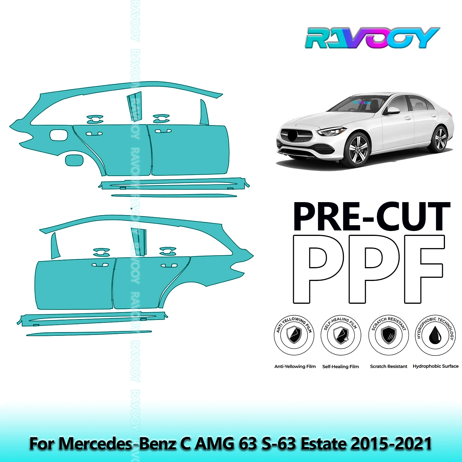 

For Mercedes-Benz C AMG 63 S-63 Estate 2015-2021 8.5mil Pre-Cut PPF Door & A/B Pillar Kit TPU Paint Protection Film Set