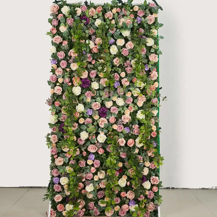 3D luxury Champagne pink Yellow rose green leaf artificial flower wall green turf plants outdoor wedding background decoration