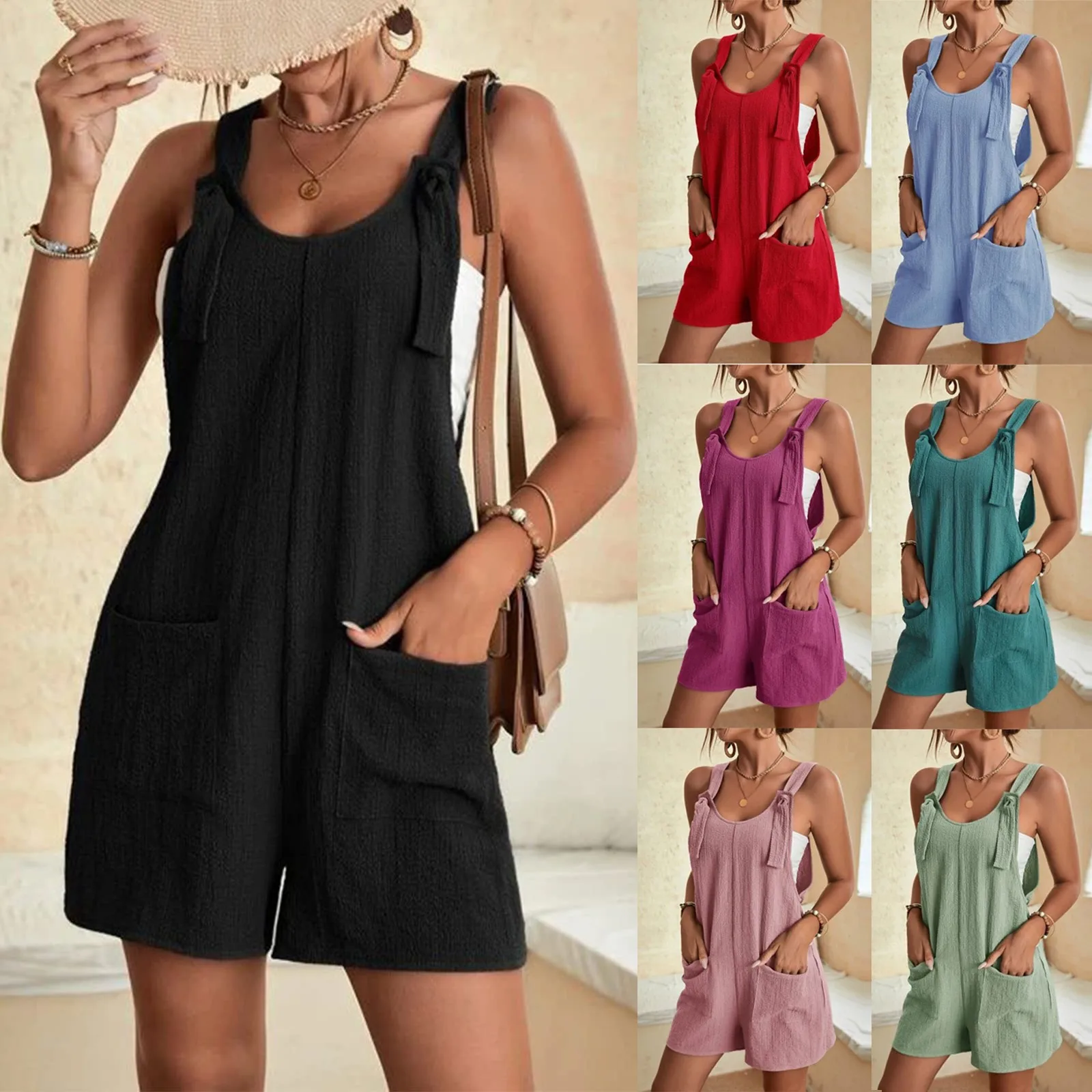 Vrouwen Losse Stijl Overalls Boho Effen Kleur Vierkante Kraag Playsuits Mouwloze Rompers Zomer Casual Kleding Jumpsuit