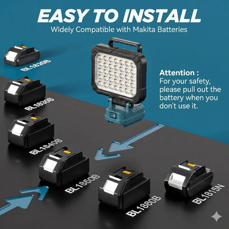 Portable LED Work Light Outdoor Torch for Makita/Milwaukee 18V Lithium Battery Cordless Construction Site Floodlight for Camping