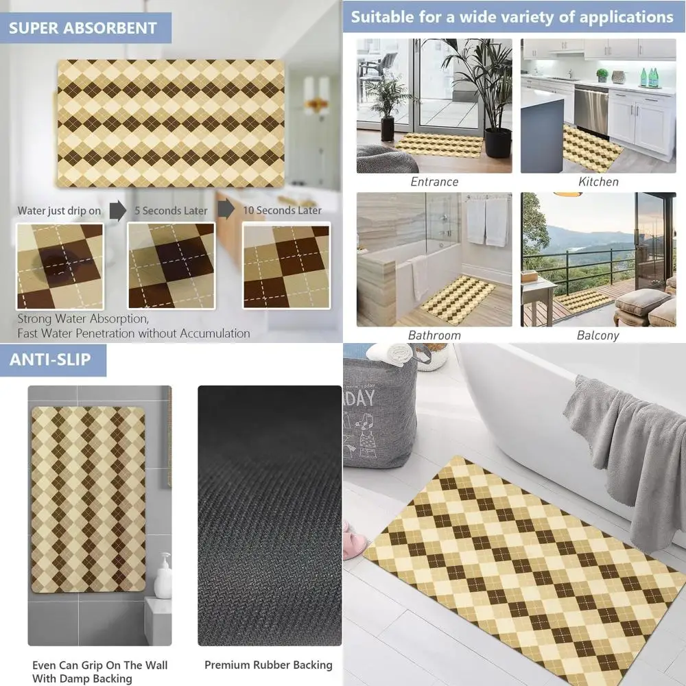 

Extra Absorbent Brown Diamond Checkered Bath Mat, 5x47 Inches, Super Dry and Solid