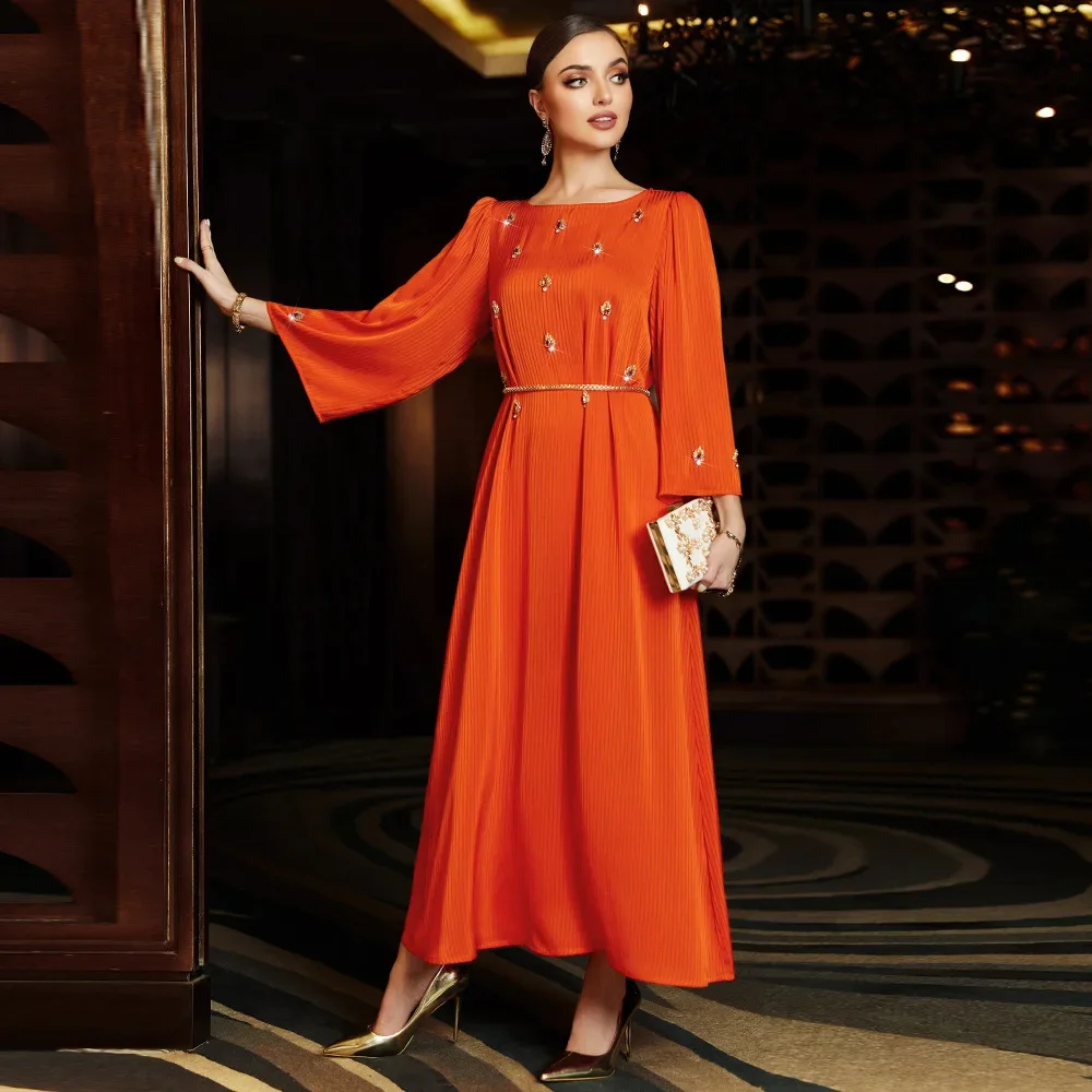 Robe en tricot diamant cousue à la main, robe de soirée de dubaï pour femmes, manches longues, caftan solide, Abayas musulmanes, robe de soirée marocaine