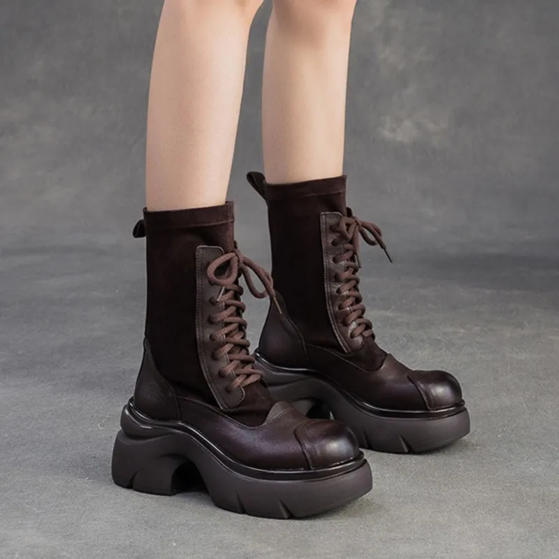 

GKTINOO Ankle Boots 5cm Women Cow Genuine Leather Moccasins Autumn Winter Plush Spring British Wedge Ethnic ZIP Platform Shoes