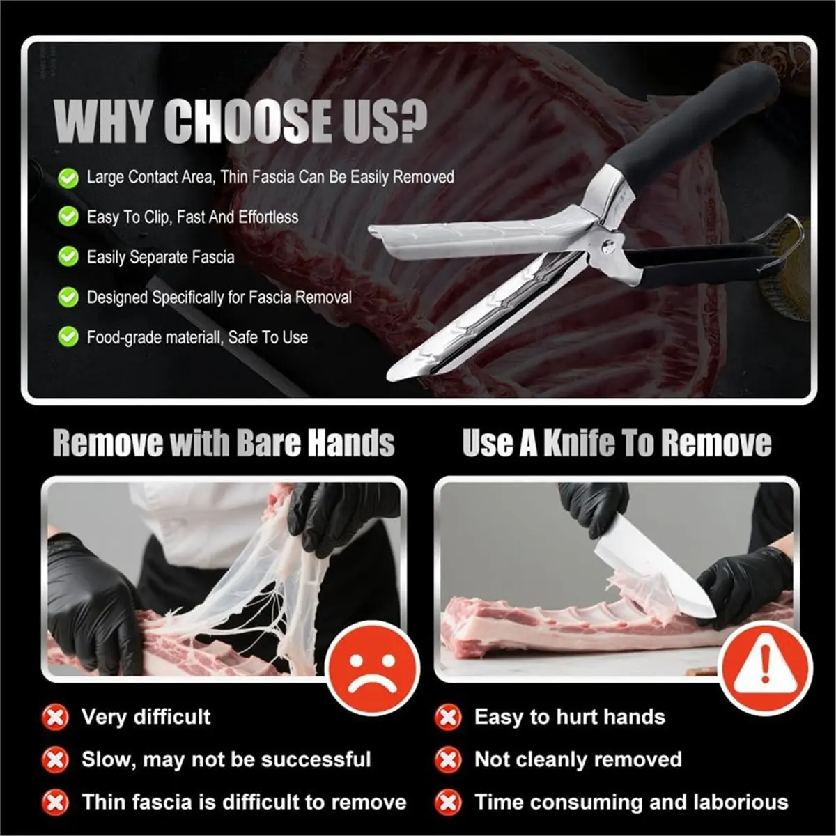 Industrial Tools Rib Membrane Removal Tool with Glue-Free Full-Wrap Anti-Slip Grip, Dishwasher Safe Stainless Steel Rib Prep Too