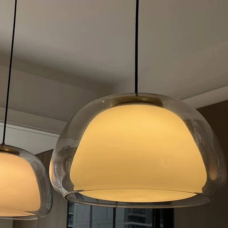 Modern Glass Pendant Light with Frosted Inner Shade Gold Base LED Hanging Lamp Kitchen Island Bedroom Dining Room