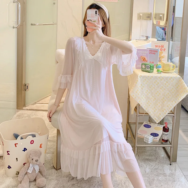 Women Lolita Night Dress Princess Sleepwear Multilayer Lace Mesh Romantic Vintage Victorian Nightgowns Nightdress Lounge Wear