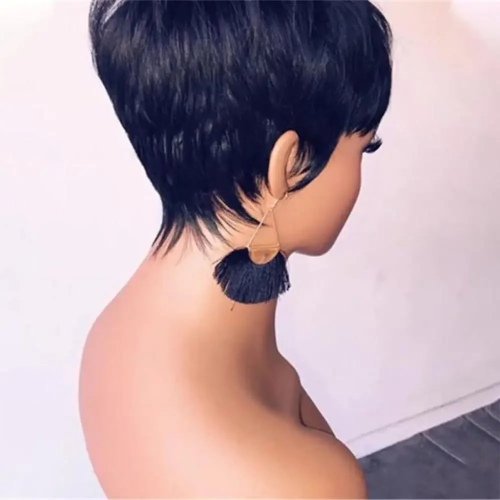 باروكات قصيرة بقص عابث للنساء ذوات البشرة السمراء، شعر بشري بطبقات كاملة مصنوعة آليًا مع الانفجارات peluca humano baratas شعر مستعار قصير #4
