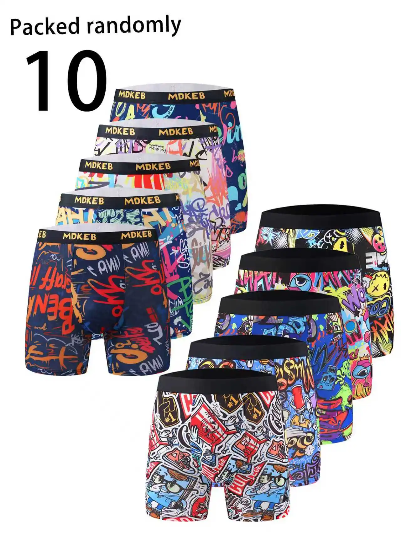 

10-Pack MDKEB Graffiti Men's Boxer Briefs Mid-Waist Letter Waistband Assorted Colors Trendy Underwear