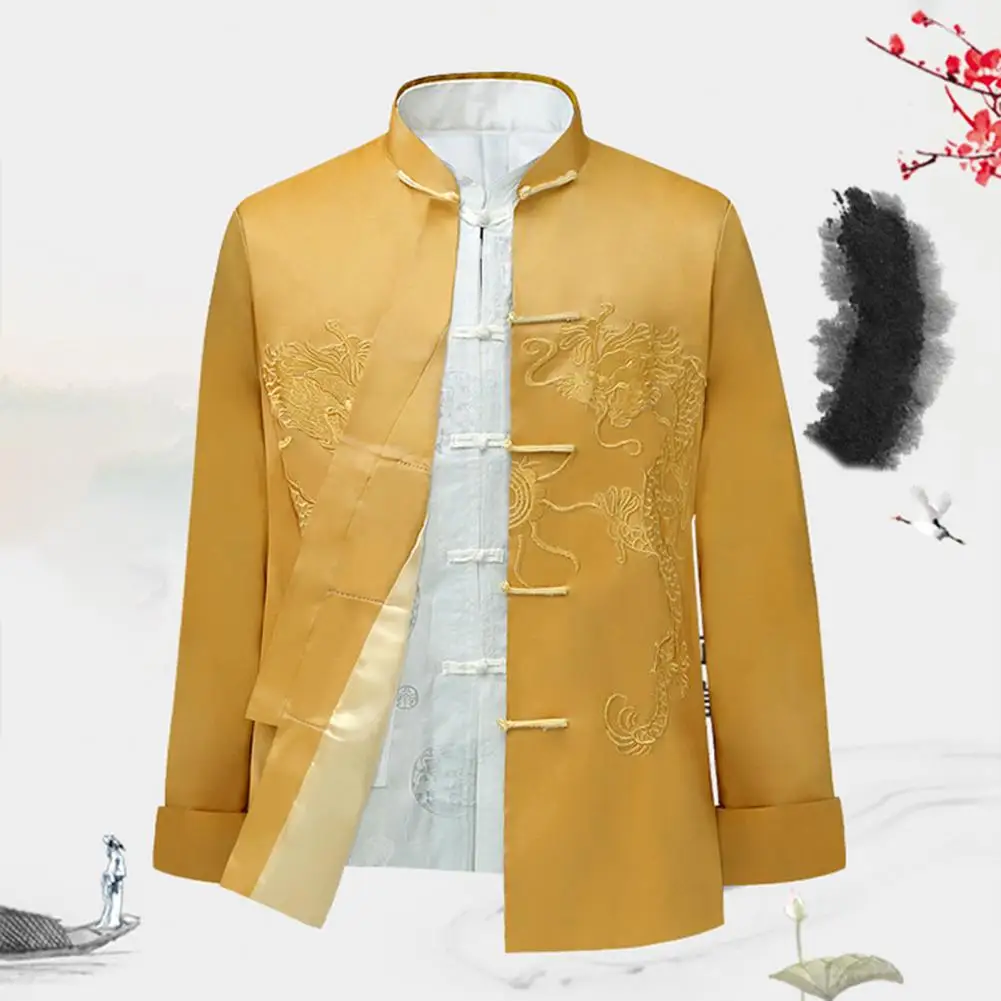 Vintage Chinese Style Men Shirt Embroidery Dragon Satin Tang Suit Jacket Stand Collar Single-breasted Long Sleeve New Year Top