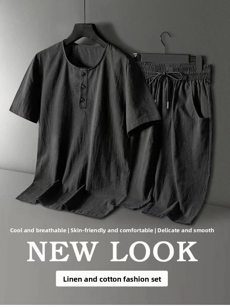 

Casual Ice Silk Cotton Linen Men's T-irt ort Sve Set Loose plus Size Retro Faionable Chinese Sle Five-Quarter Pants