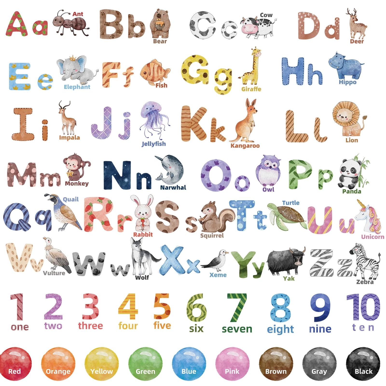 Alphabet Animals Wall Decals Numbers Wall Decor ABC Letters Wall Stickers for Classroom, Kids Room, Nursery Bedroom Playroom