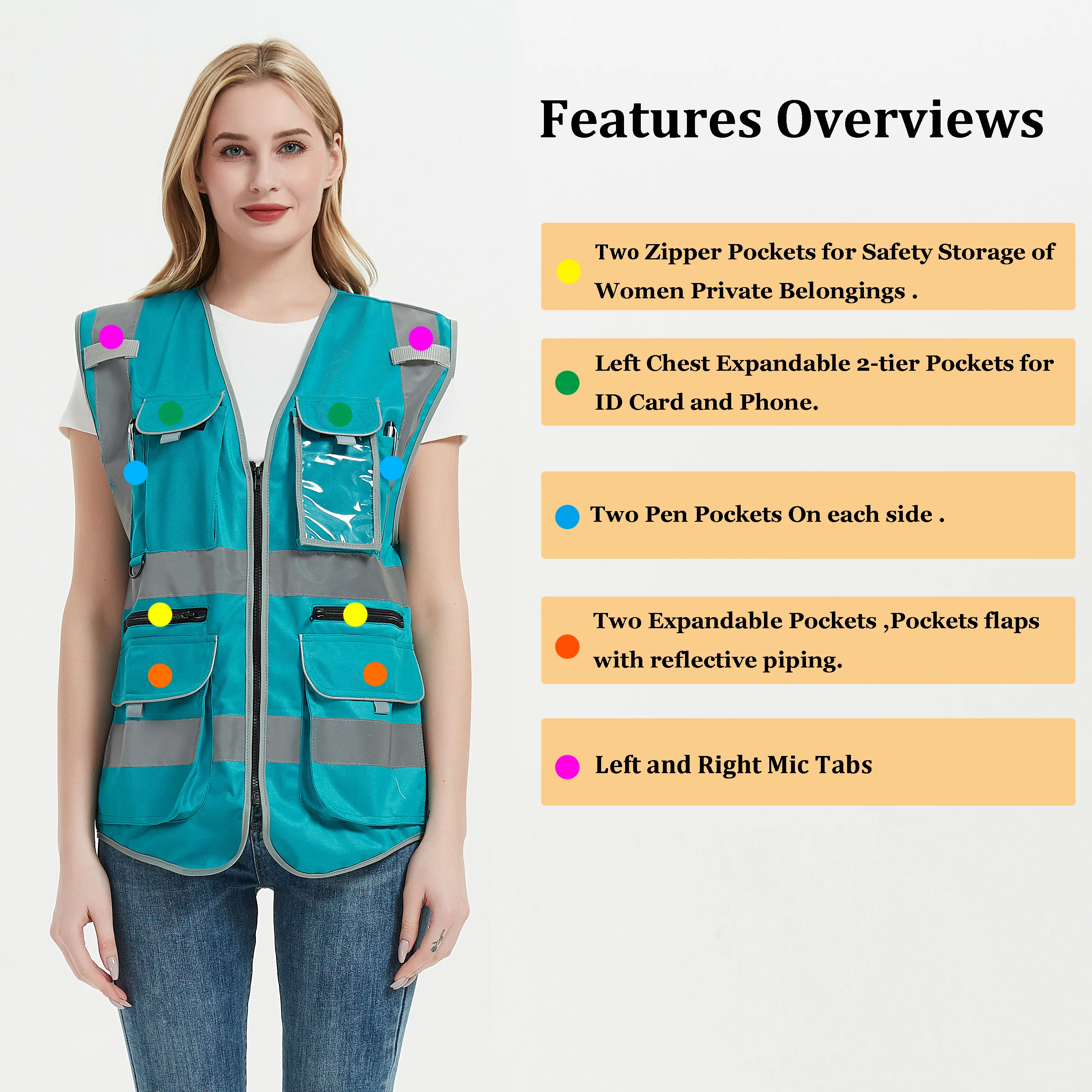 Reflective Vest for Women Work Clothes Hi Vis Vest with Pockets XS-L Waistcoat Reflective Safety Vest Pockets Workwear