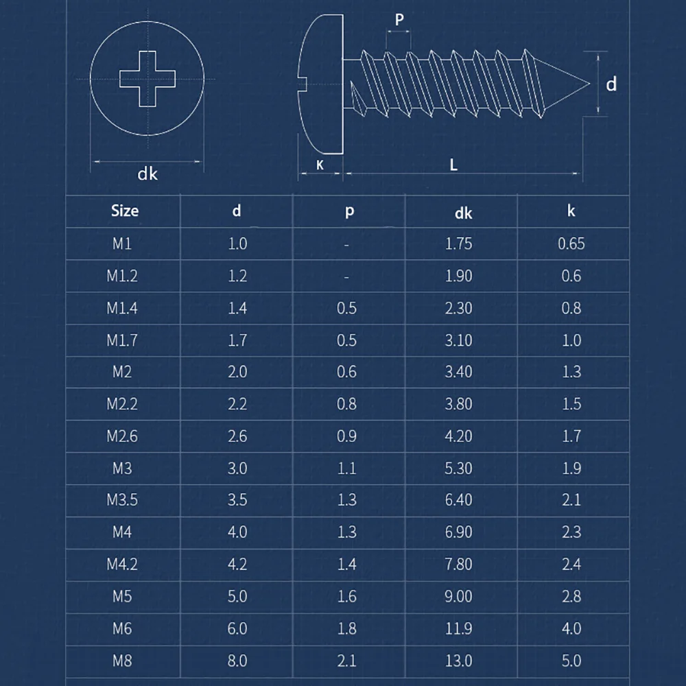 M1 M1.2 M1.4 M1.7 M2 M2.2 M2.6 Cross Self Tapping Screw 304 Stainless Steel Phillips Pan Round Head Self Tapping Wood Screw