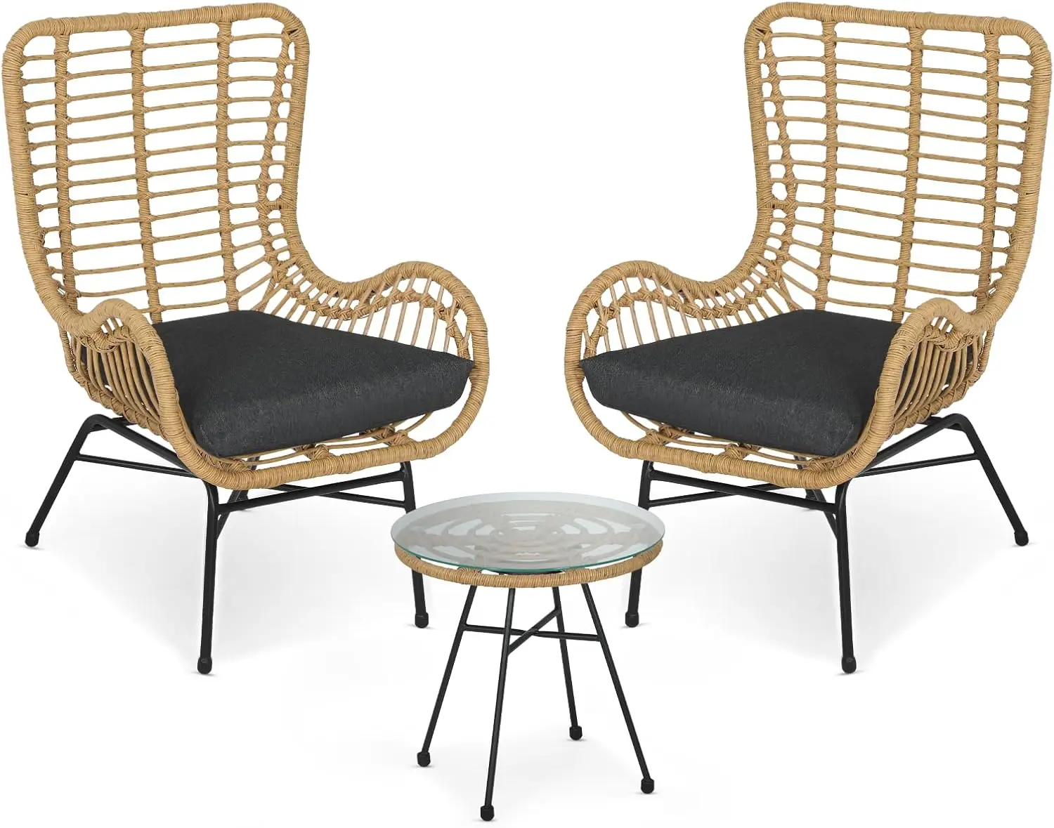 

Patio Bistro Sets, 3 Piece All Weather Furniture Set Outdoor Conversation Set Glass Table and Rattan Chairs Set with Soft Cushi