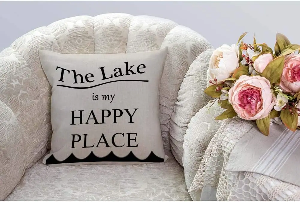 The Lake Is My Happy Place Pillowcase, Lake House Decor Cushion Cover, Summer Cottage Living Room Sofa Throw Pillow Gift