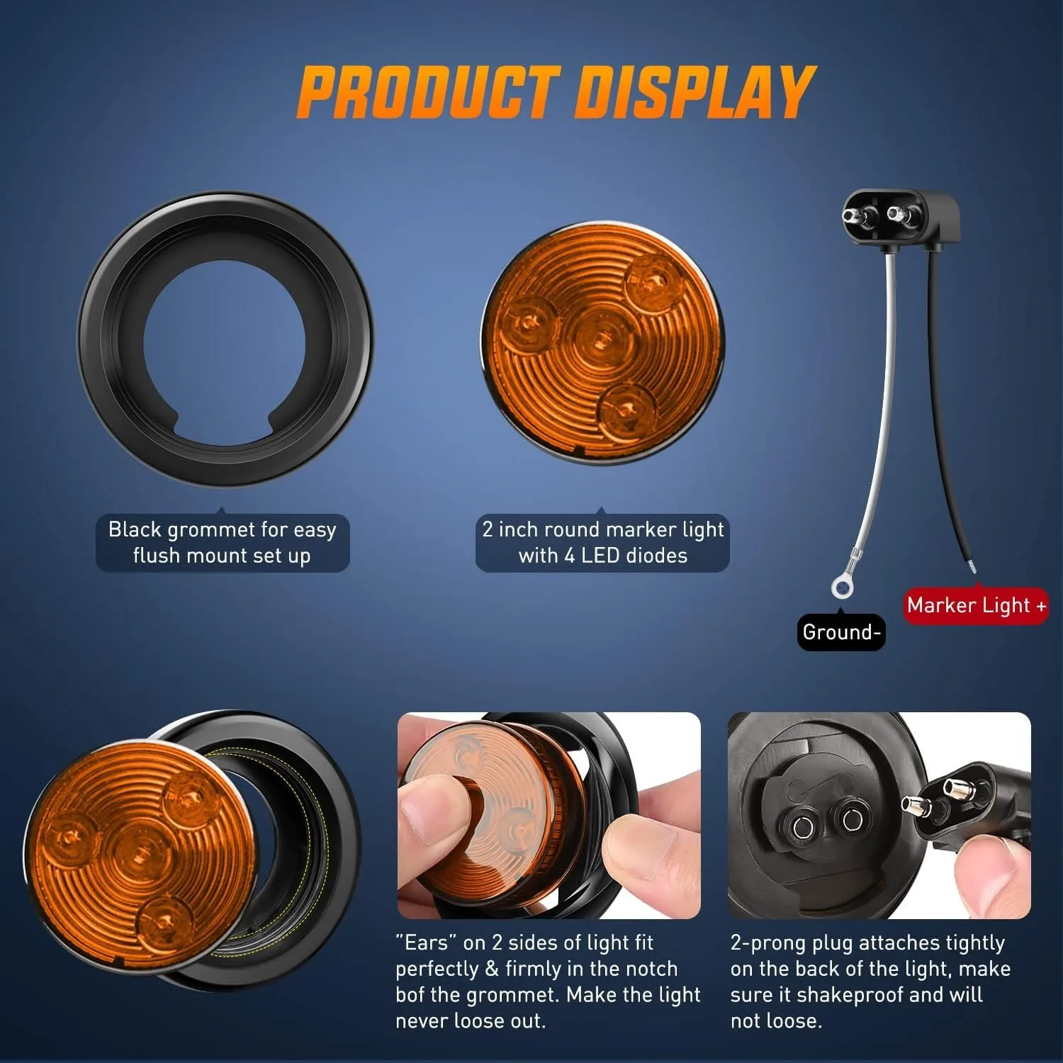 Nilight 5PCS 4 LED Amber Round Trailer Marker Lights, Flush Mount Clearance Lights with Grommet, Plug & Pigtail, Waterproof Side Marker Lights for Truck, Trailer, RV